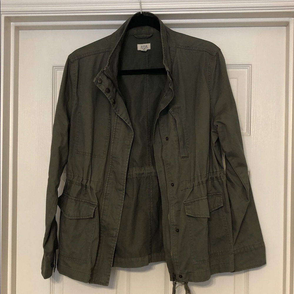 a.n.a Olive Green Military Field  Outdoors Zip-Up Snap Drawstring Utility Jacket